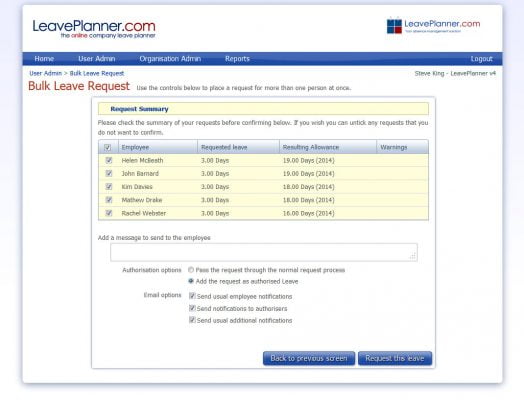 picture of the bulk request confirmation page