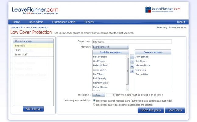 picture of the low cover management page