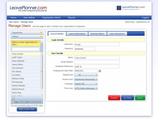 picture of the user account page