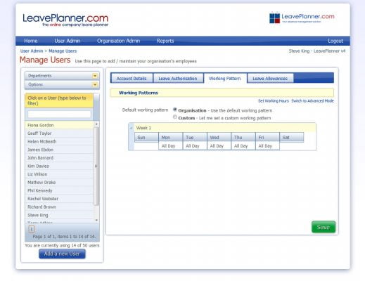 picture of the user working pattern page